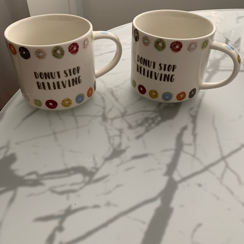 Set of 2 Coffee/Tea Large Mugs “Donut Stop Believing”.  Opal House. Porcelain